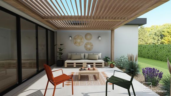 Exemplo de plano 3D de terraço chique boêmio